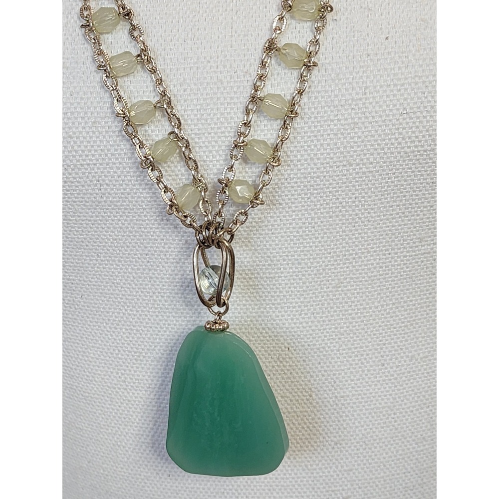 Robert Rose Green Tumbled Stone Pendant Multi Strand Silver Tone Necklace